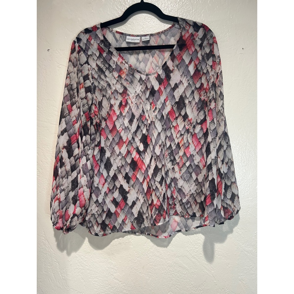 Liz Claiborne Petite‎ PXL Red Black Snakeskin Print V-Neck Balloon Sleeve Blouse